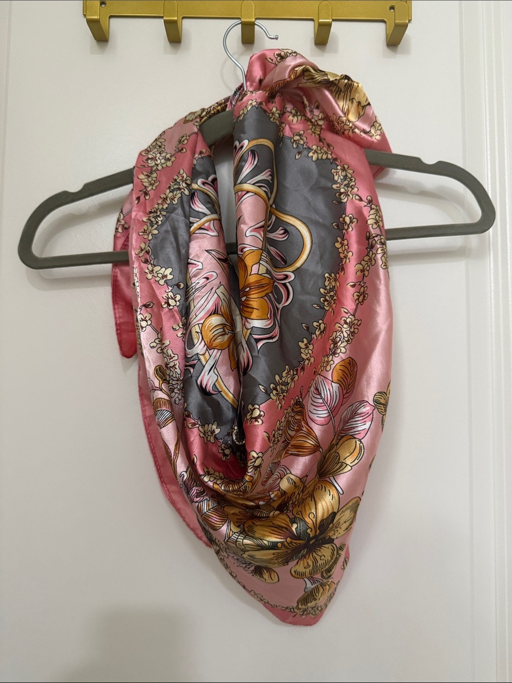 Princess Polly Pink Floral Satin Scarf with Gray and Gold Accents